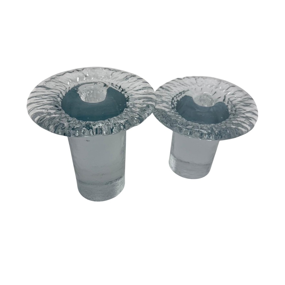 Blenko Glass Candle‎ Holders Mushroom Melting Ice Set of 2 Vintage 5" & 4"